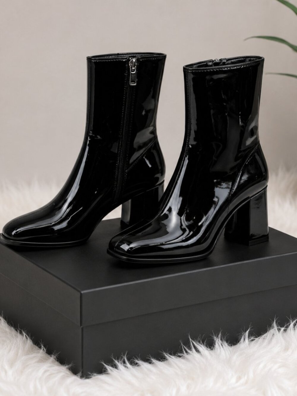 Women's Black Patent Chunky Heel Ankle Boots Square Toe NWT